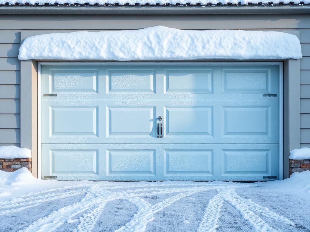Technician performing winter maintenance on garage door in snowy conditions