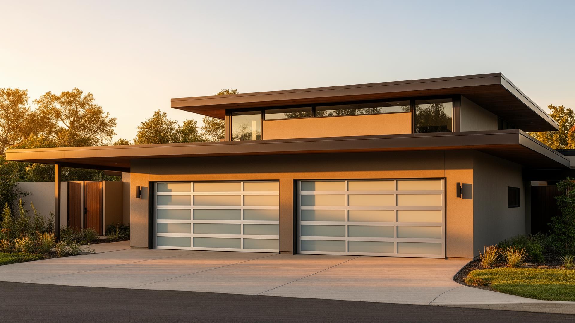 Modern steel garage door with frosted glass panels on luxury home